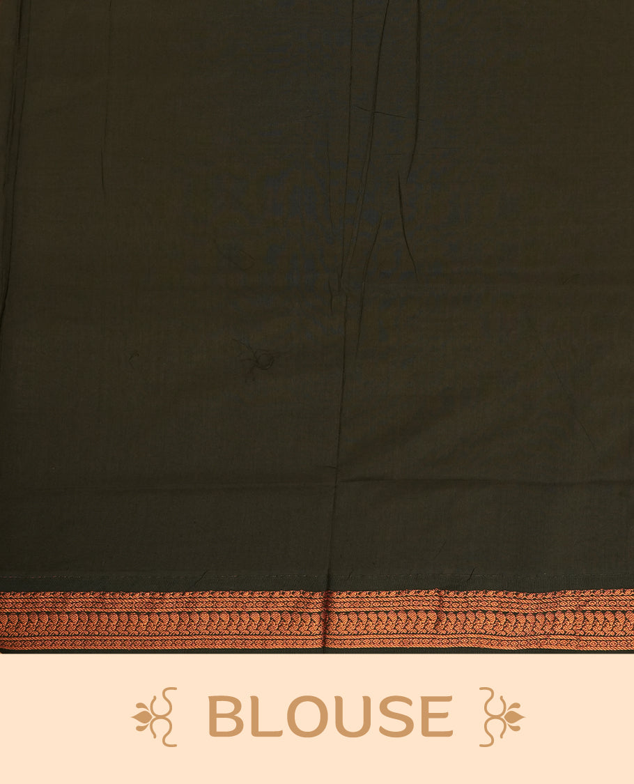 Burnt orange colour Kalyani Cotton saree with delicate woven zari black motifs all over, paired with a contrasting black border and pallu intricately woven with rich copper zari & Comes with a matching blouse piece.