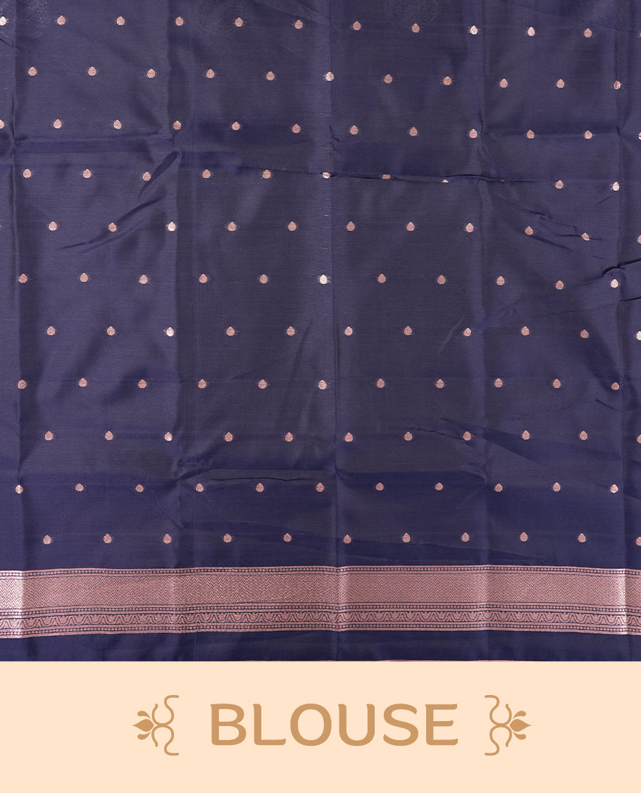 Dark blue semi silk saree featuring elegant circular motifs on the body, complemented by a striking pallu adorned with intricate wavy white thread patterns with golden border, and paired with a matching blouse