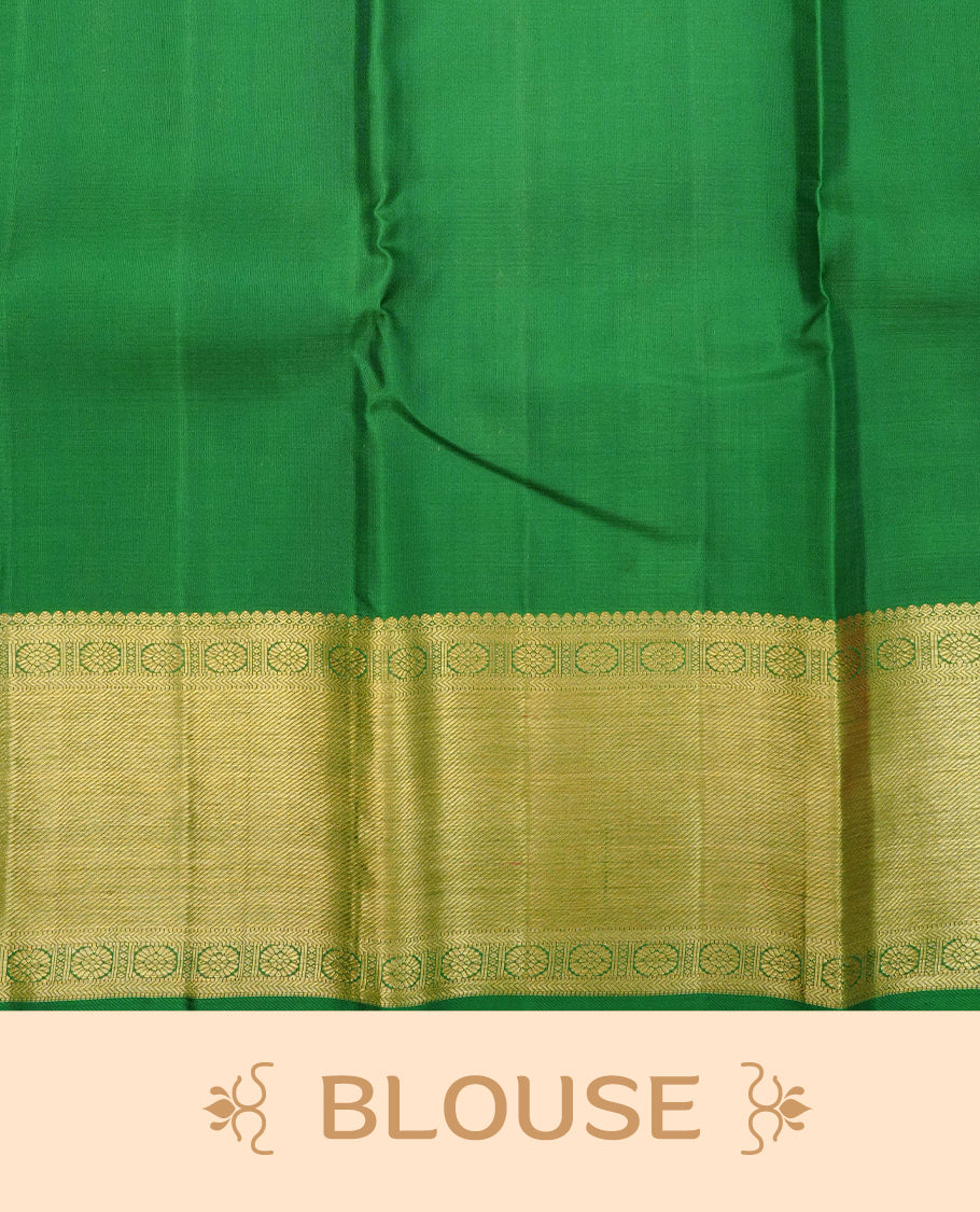 Red colour Traditional kancheepuram silk saree featuring Self colour design body with gold & silver zari buttas, complemented by Self colour with traditional border and green piping , comes with matching blouse piece.