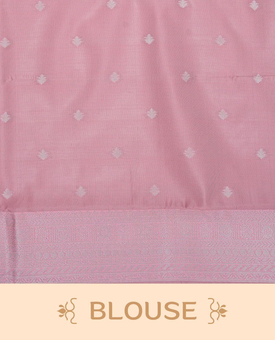 Grey colour semi silk saree featuring Silver zari Floral pattern on body, complemented by contrast Peach colour with silver zari border, comes with matching blouse piece.