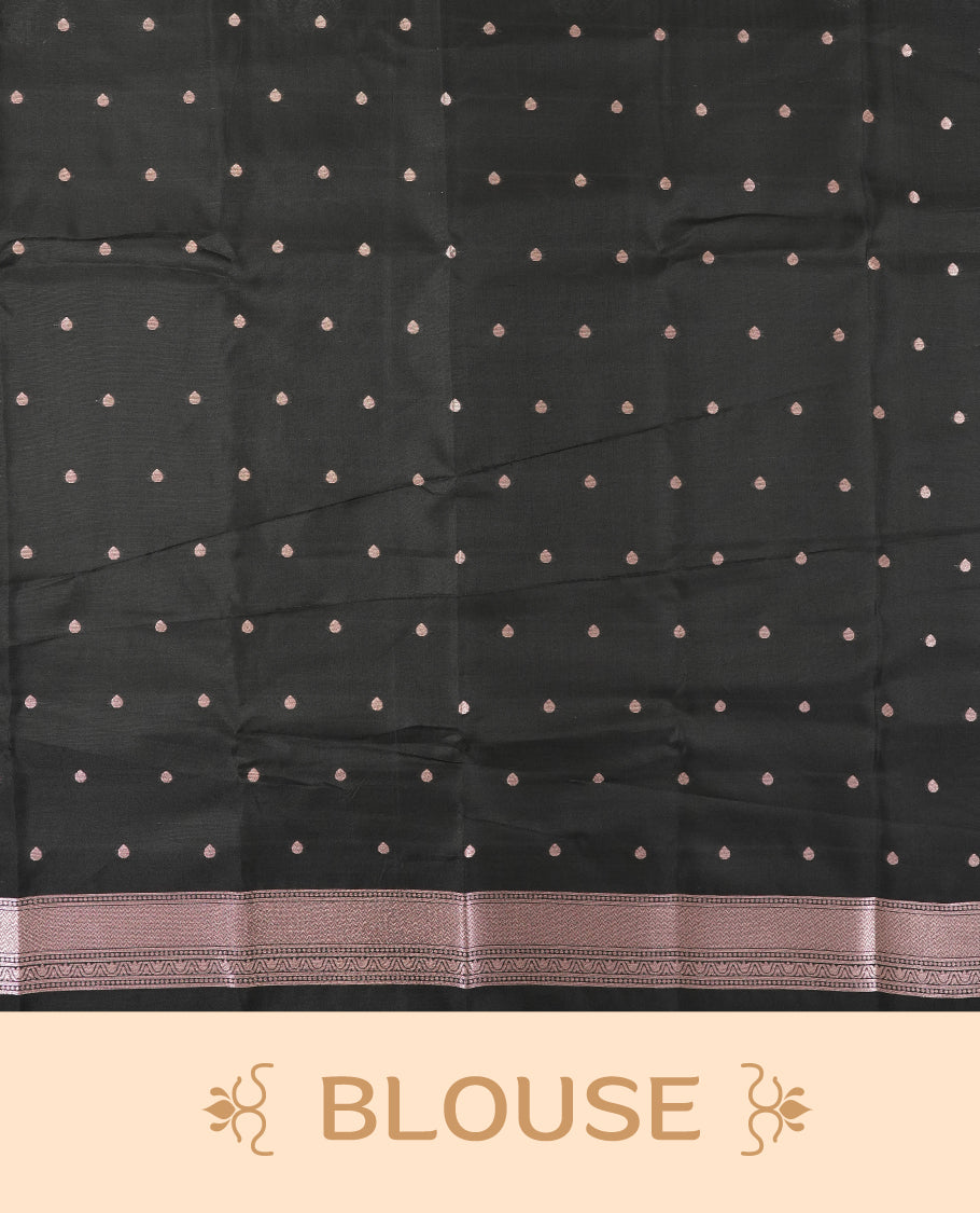 Black colour semi silk saree featuring elegant circular motifs on the body, complemented by white wavy designed pallu with striking border adorned with intricate golden thread patterns,and paired with a matching blouse