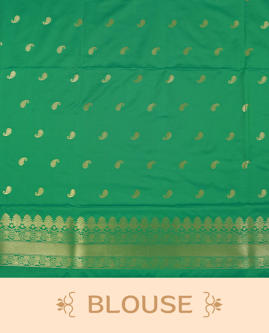Green colour semi soft silk saree featuring an all-over woven leaf pattern in gold colour, finished with a matching border adorned with detailed paisley and floral motifs, and a matching blouse piece.