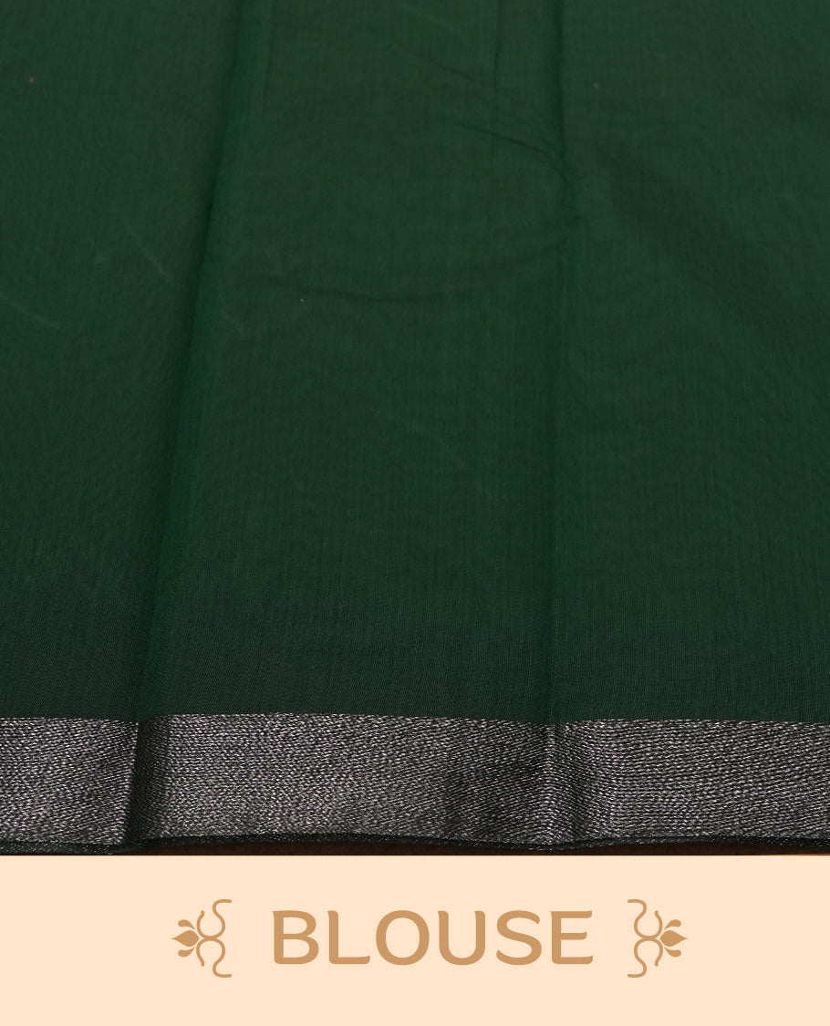 Dark Green Colour Silk Cotton Saree with Dark Silver Floral Butta Body, Contrasting Dark Silver Zari Pallu & Border, Floral Vine Motifs, and Matching Plain Woven Blouse Piece