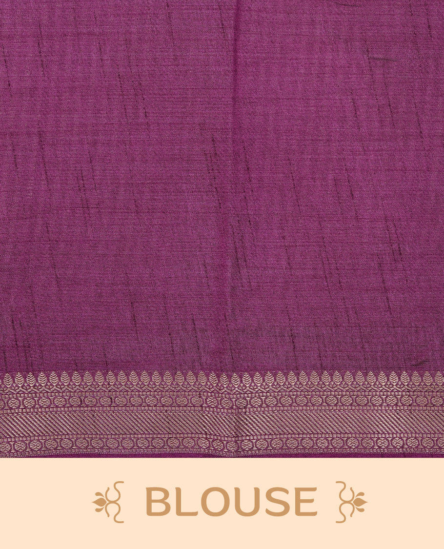 Cream colour Tussar silk saree Featuring Elegant Plain body, complemented by Contrast Purple colour with gold zari border, paired with matching blouse piece.