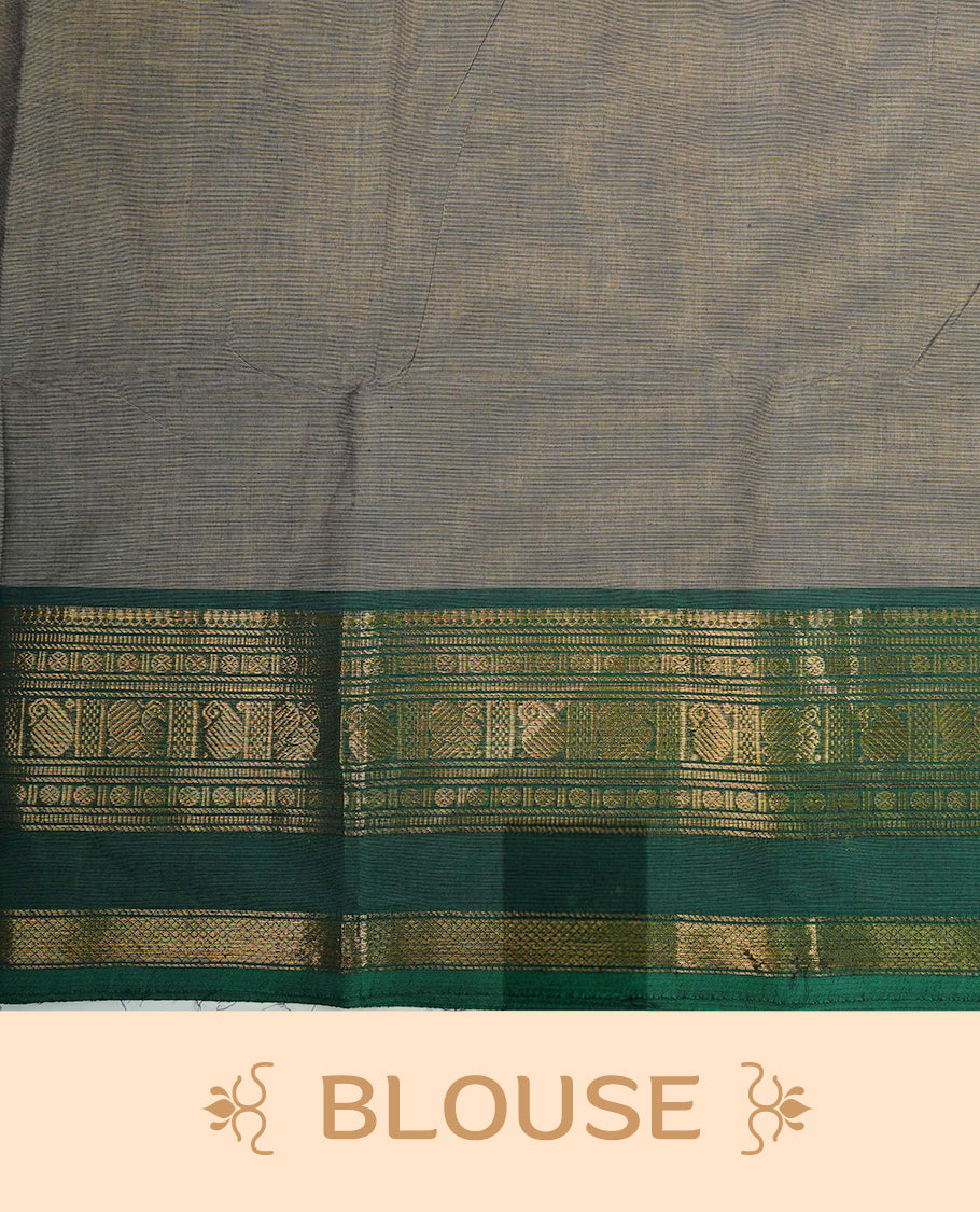 Grey colour chettinad cotton saree featuring Plain body, complemented by Green Colour With Gold Zari border, paired with matching blouse piece.