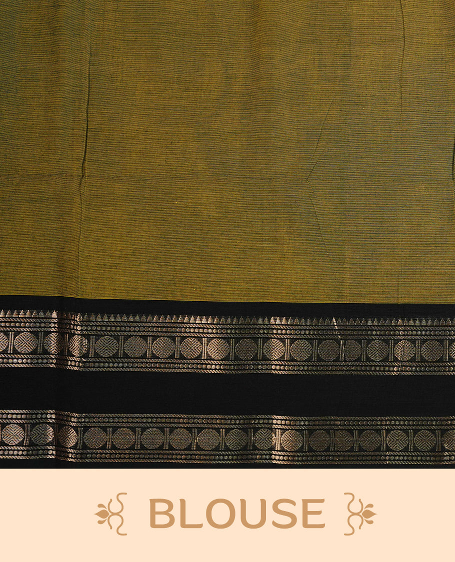Olive colour chettinad cotton saree featuring Elegant plain body, complemented by contrast Black colour with Gold zari border, paired with matching blouse piece.