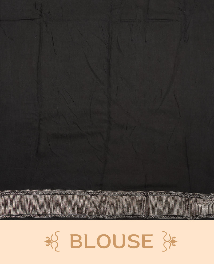 Black colour Viscos semi printed saree featuring a light golden zari border, abstract white printed motifs on the body, and comes with a matching blouse