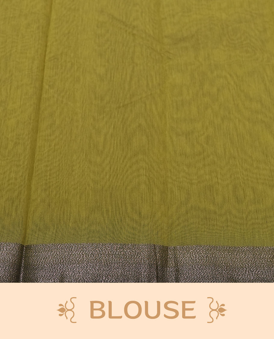 Light Bronze Green Colour Silk Cotton Saree with Dark Silver Floral Butta Body, Contrasting Dark Silver Zari Pallu & Border, Floral Vine Motifs, and Matching Plain Woven Blouse Piece