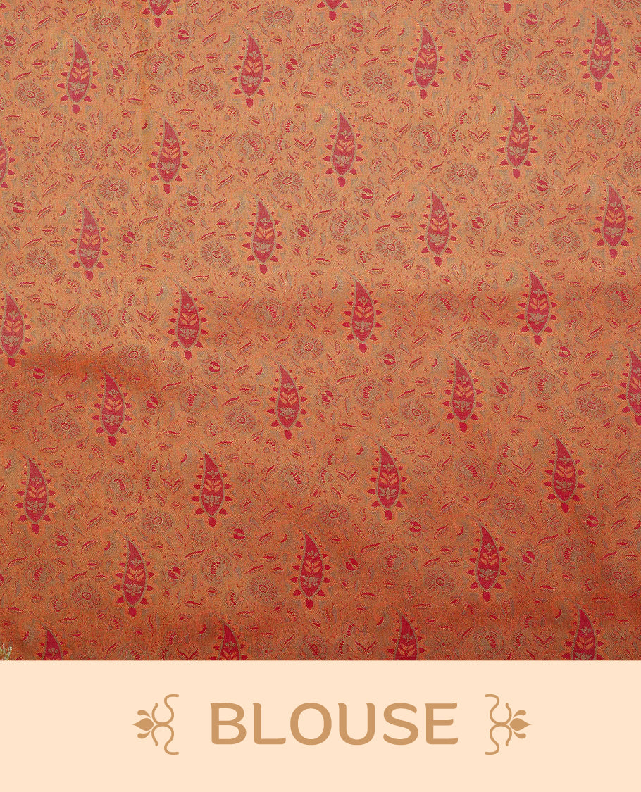 Maroon colour Mulberry silk saree featuring gold zari Mango & floral kodi pattern across body, complemented by self colour border with gold zari work, comes with matching blouse piece.