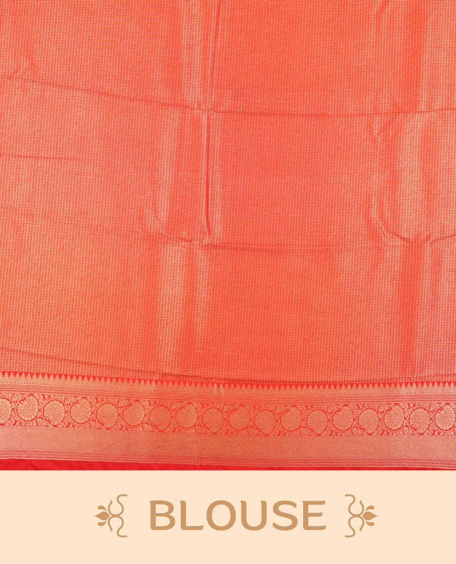 Yellow colour semi silk brocade saree featuring intricate Gold Floral kodi patterns across the body, complemented by a Contrast red colour woven border and pallu, paired with a matching blouse.