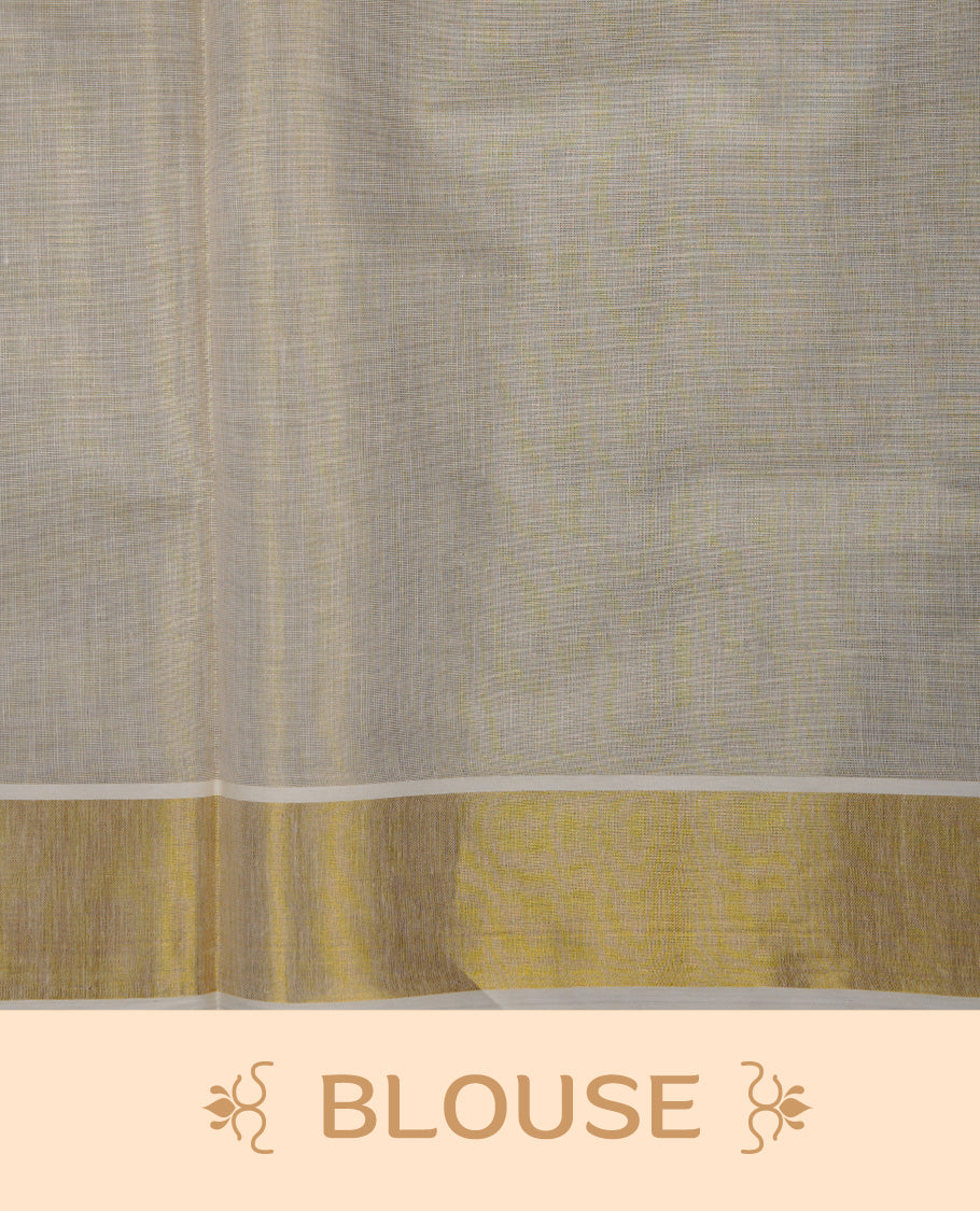 Off-white colour tissue Kerala saree with a classic gold kasavu border, highlighted by royal blue peacock motifs across the body and pallu, and paired with a matching blouse.