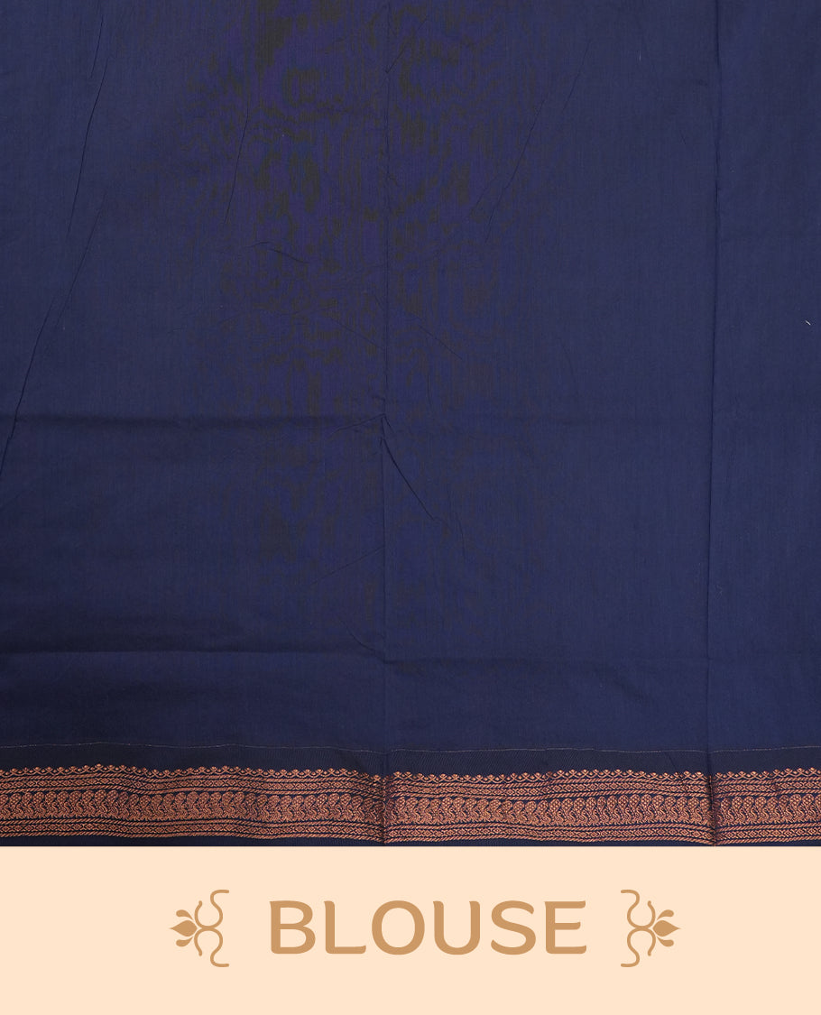 Blue colour Kalyani Cotton saree with rich navy blue border and pallu, featuring copper zari motifs and intricate weaving & Includes a matching blouse piece.