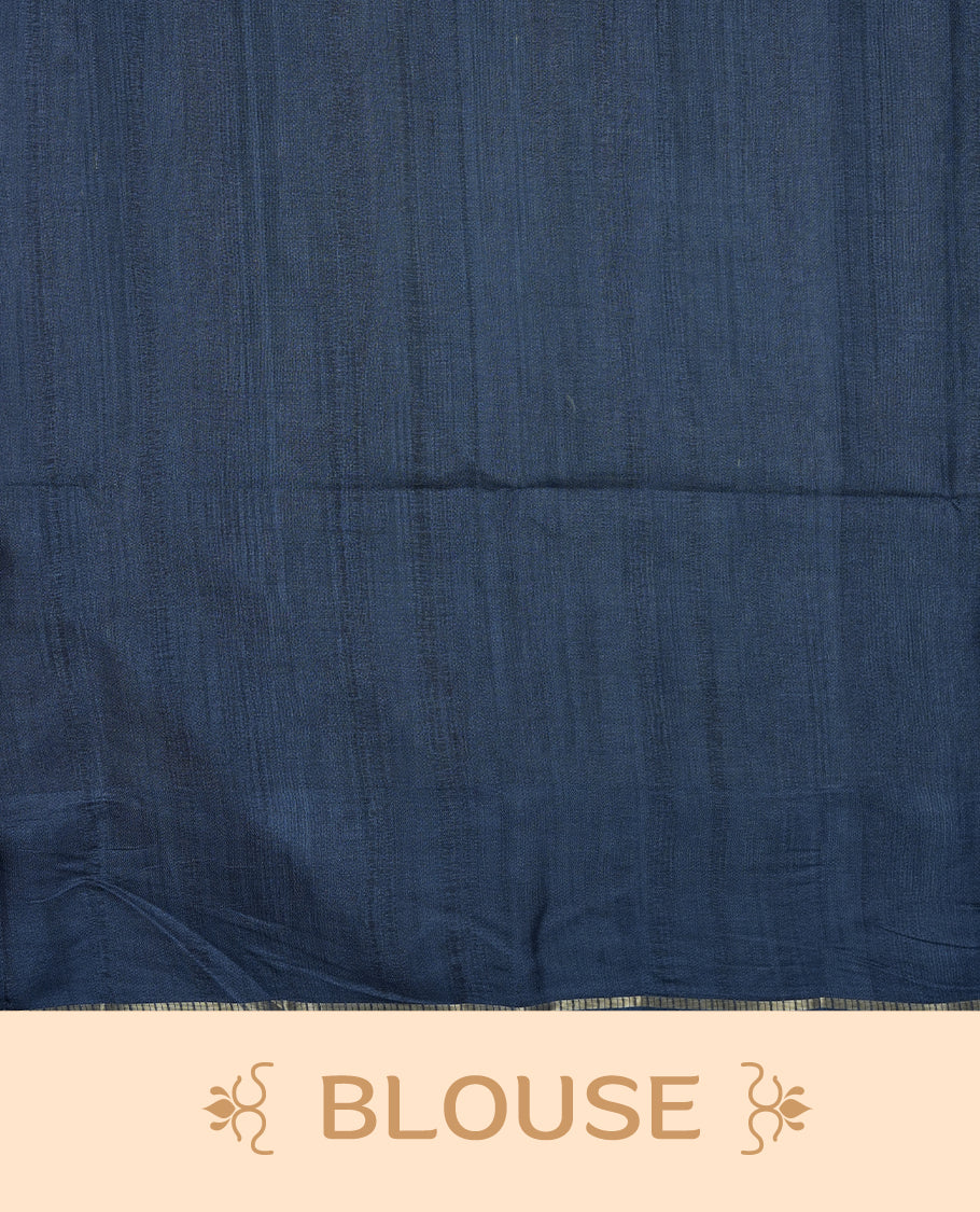 Ash blue colour semi tusser silk saree featuring Gold zari check pattern across body, faded contrast cream colour border with elephant print and paired with matching blouse.