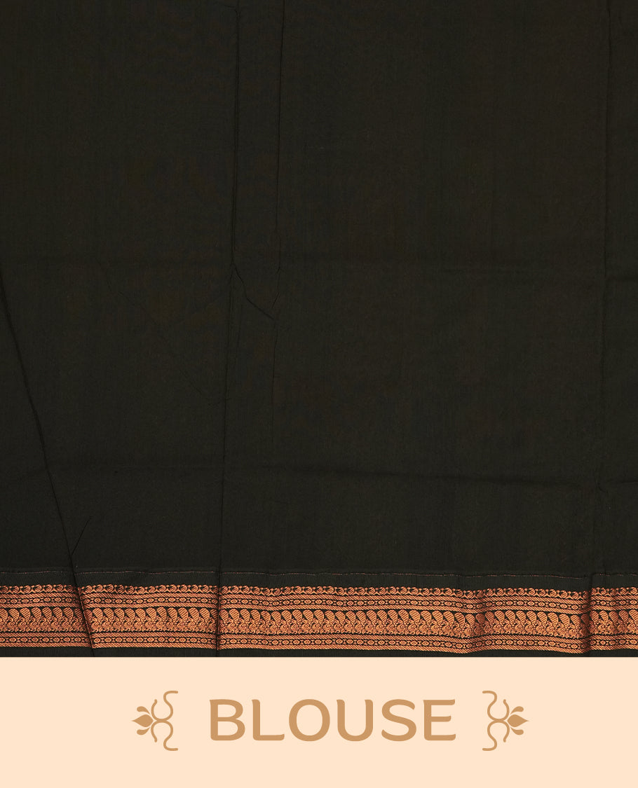 Rust orange colour Kalayani cotton saree highlighted with a black border adorned in intricate copper zari motifs, complemented by a matching pallu and blouse piece.