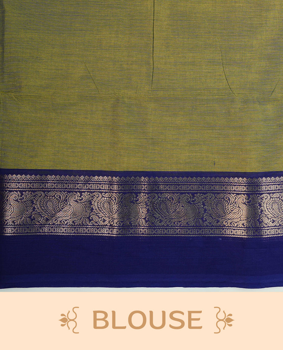 Green colour Chettinad cotton saree featuring Elegant plain body, complemented by contrast blue colour with Gold zari peacock pattern on body, paired with matching blouse piece.