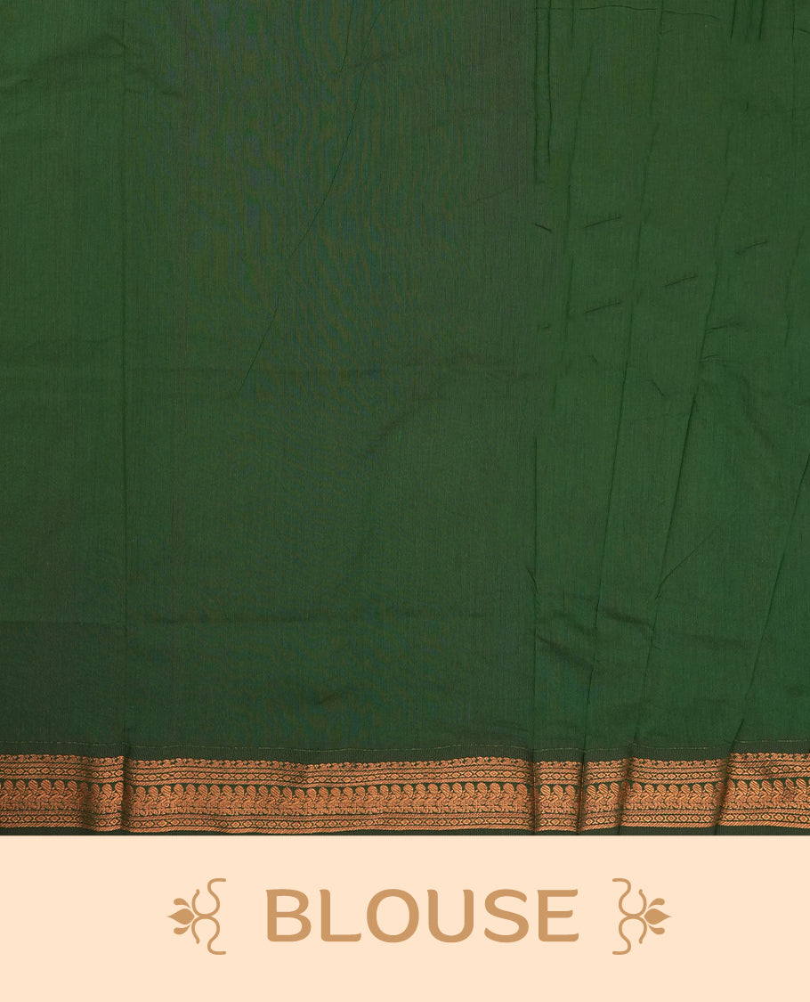 Mustard yellow colour Kalyani Cotton saree with rich green border and pallu, featuring copper zari motifs and intricate weaving & Includes a matching blouse piece.