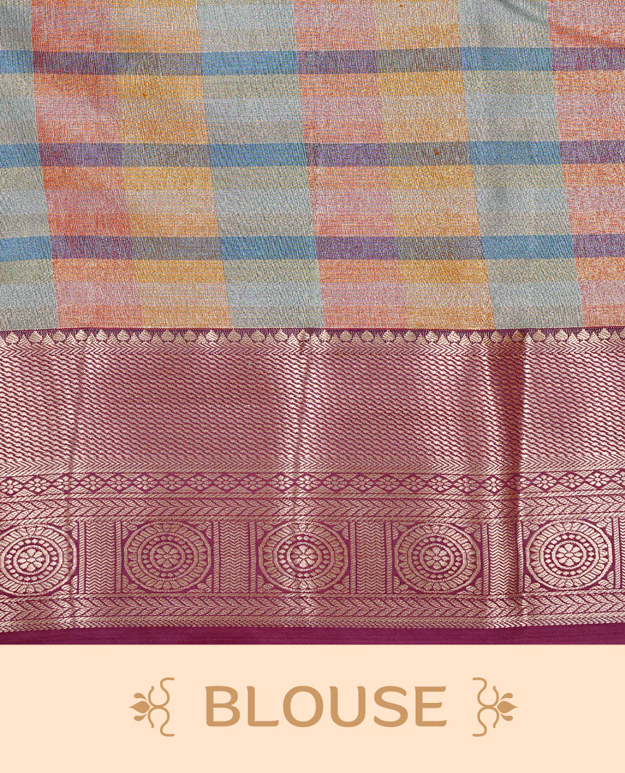 Blue, Red & Yellow Colour Tissue Saree featuring Multi colour Check Design on body, complemented by contrast Burgundy colour with Gold zari border, paired with matching blouse piece.