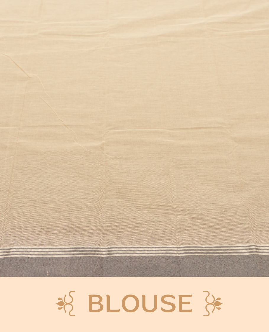 Cream colour Silk Cotton Saree with Grey Woven Polka Buttas on the Body, Minimal Grey Stripe Border, Ornate Grey Jacquard Pallu, and a Plain Ivory Blouse with Matching Grey Border