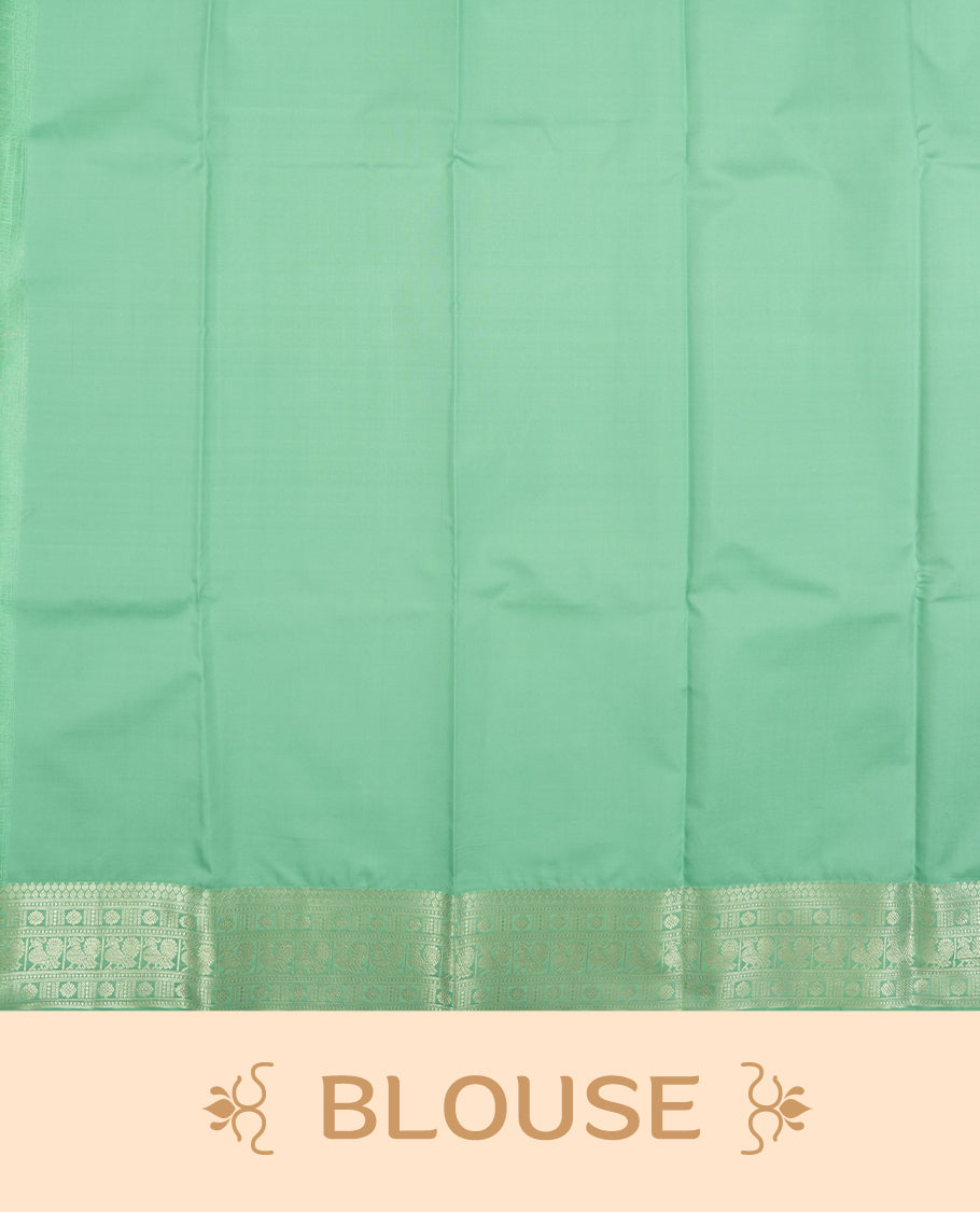 Light aqua colour semi soft silk saree featuring a gold patterned body, complemented by Gold colour traditional pallu and a matching blouse piece.