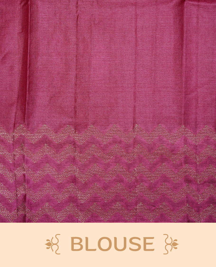 Pink Colour Tussar silk saree featuring Antique Zari motifs on body, Finished with contrast Magenta colour Zigzag zari pattern border, paired with matching blouse piece.