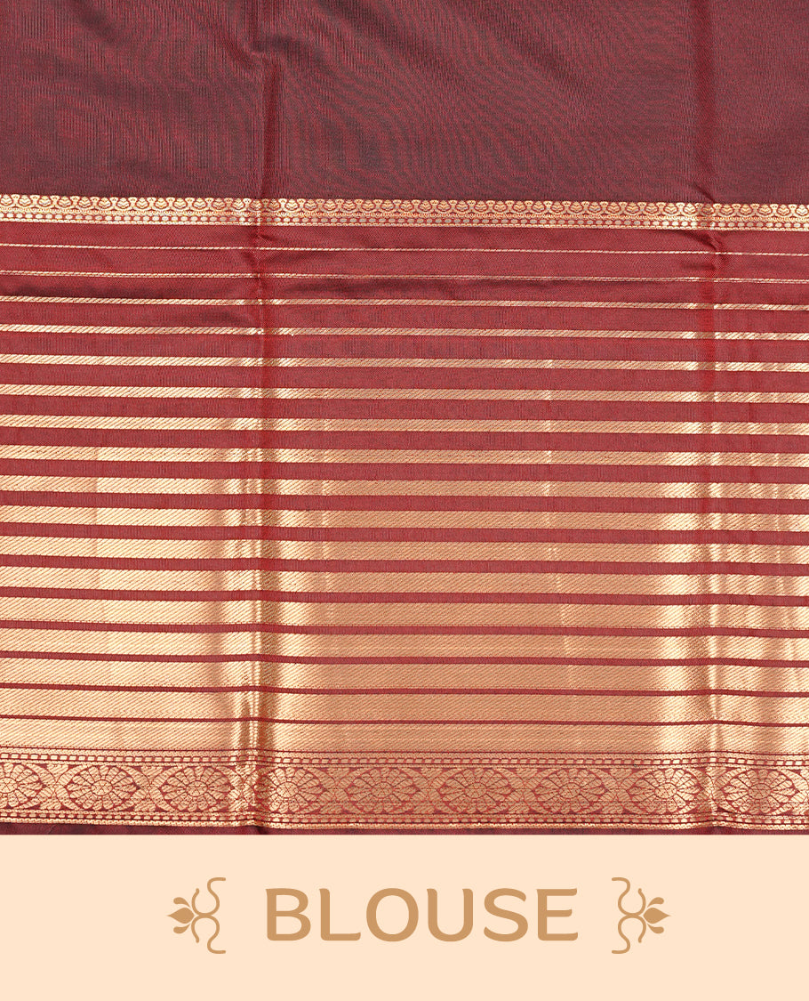 Chocolate Brown Colour Wedding Silk Saree Featuring Gold zari pattern on body, complemented by Gold Zari Strip pattern on self colour border, paired with matching blouse piece.