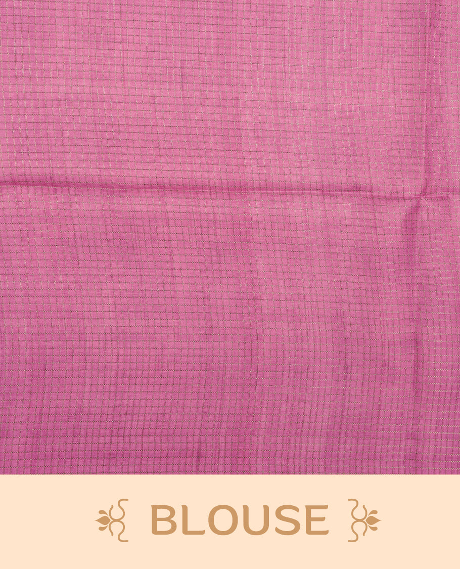 Pink colour semi tussar silk saree featuring an all-over elephant motif print across the body, complemented by a contrasting yellow pallu and border, and paired with a matching blouse piece.