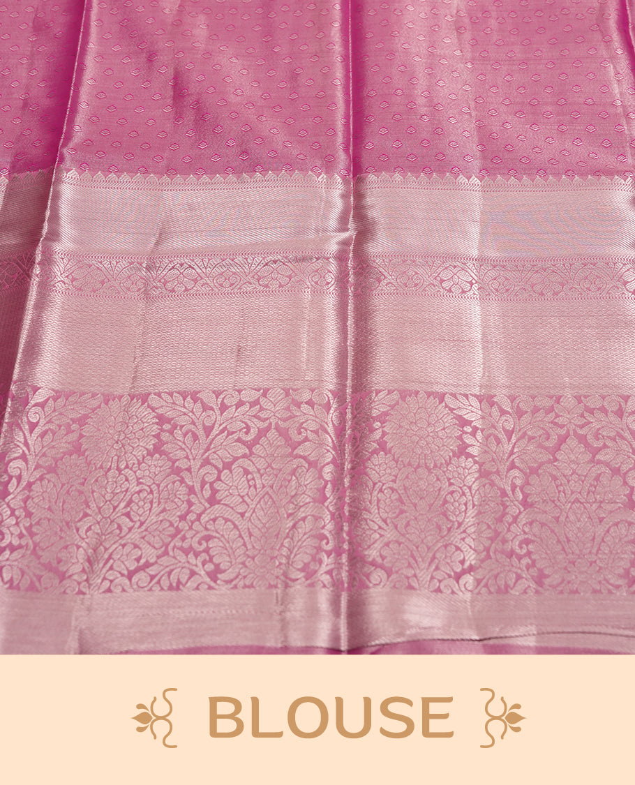 Pink colour and Antique silver Zari Tissue Brocade Saree features intricate floral Motifs on body and fancy border & pallu with floral patterns, paired with matching blouse