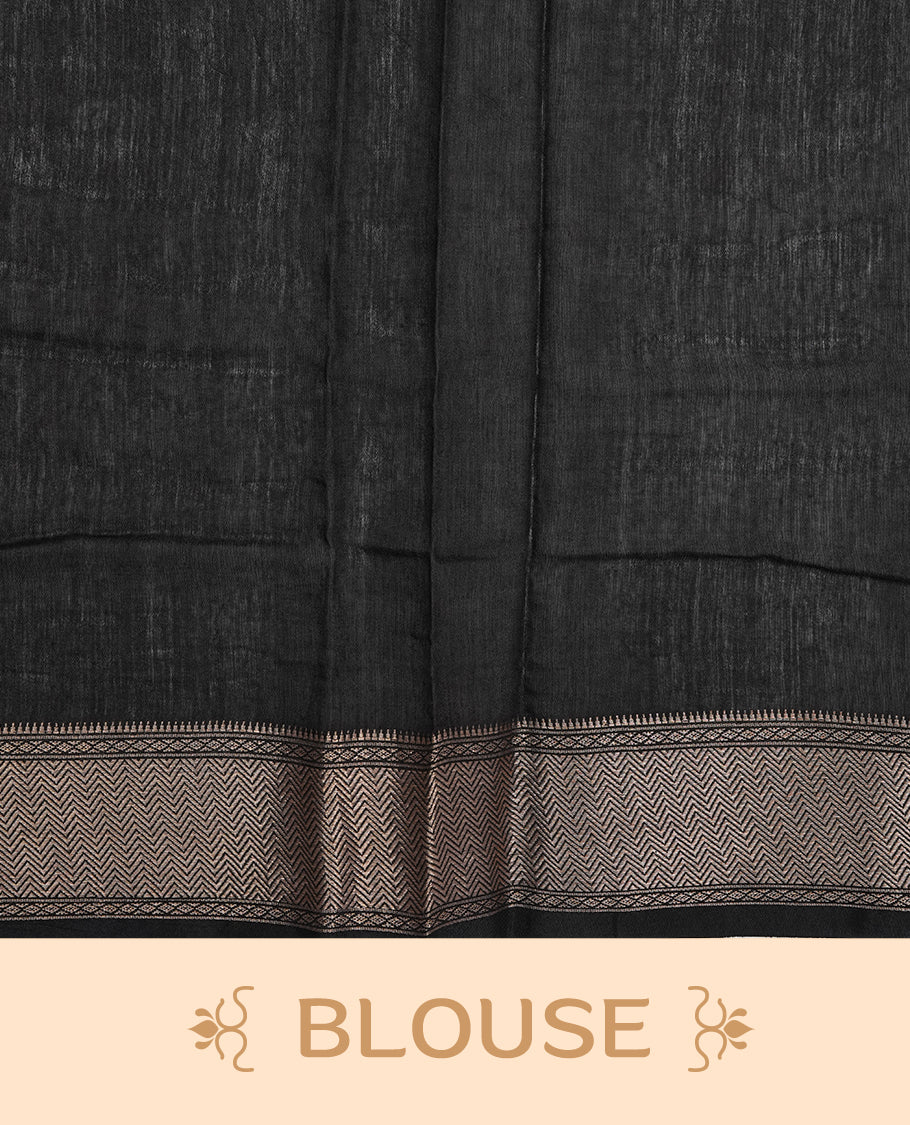 Black colour Viscos semi printed saree featuring a light golden zari border, abstract off white printed motifs on the body, and comes with a matching blouse