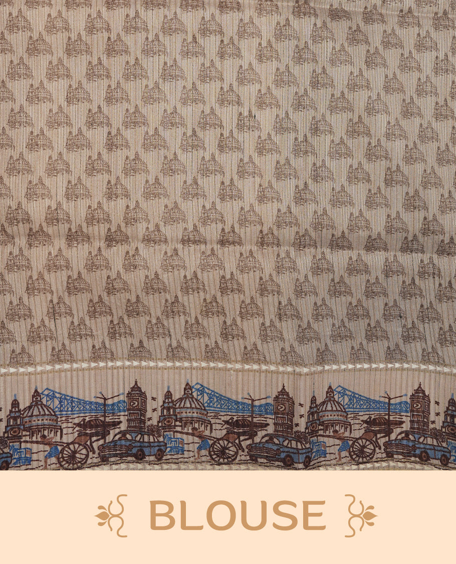 Blue colour semi tusser silk saree featuring contrast cream colour London bridge printed pattern border and paired with matching blouse.