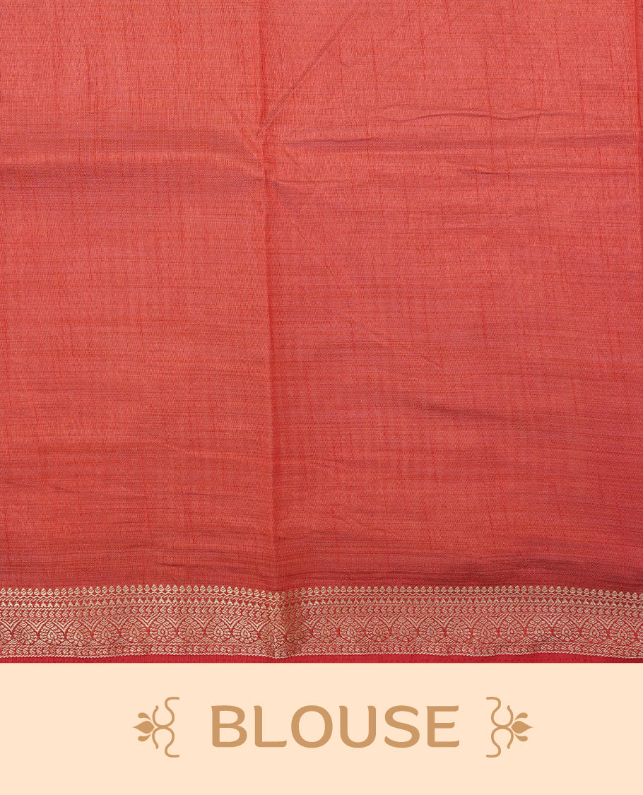 Cream colour Semi Tussar silk saree featuring an elegant plain body, accentuated by a contrast Red border adorned with intricate gold zari work, paired with a matching blouse piece.