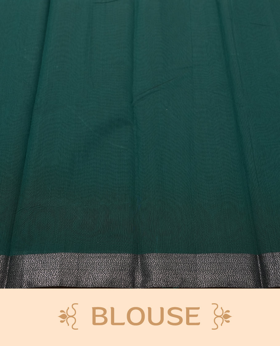 Deep Teal Colour Silk Cotton Saree with Dark Silver Floral Butta Body, Contrasting Dark Silver Zari Pallu & Border, Floral Vine Motifs, and Matching Plain Woven Blouse Piece