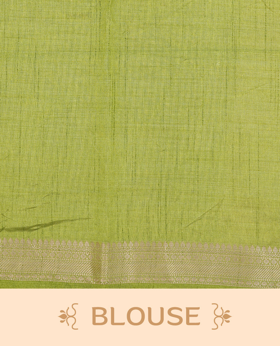 Cream colour Tussar silk saree featuirng Elegant Plain body, complemented by Contrast Light green colour with gold zari border, paired with matching blouse piece.