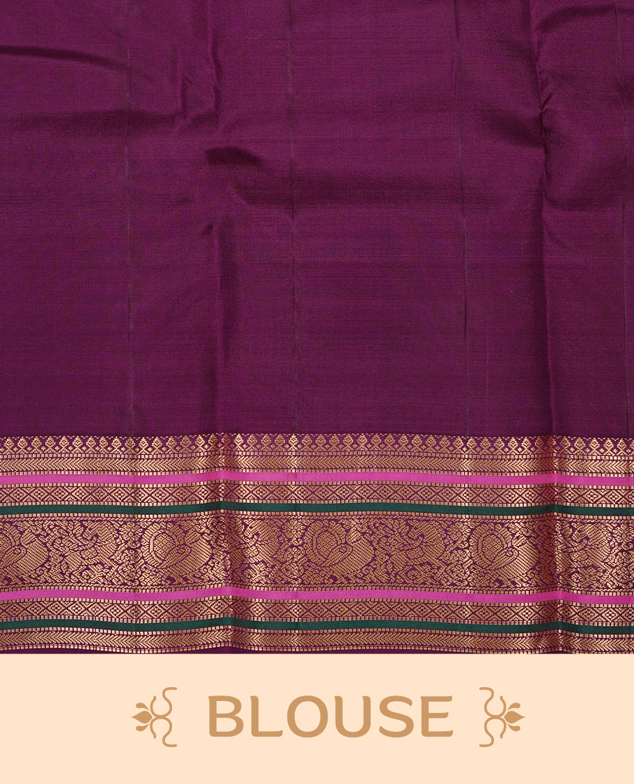 Olive colour Traditional Kancheepuram silk saree featuring gold zari motifs on body, enhanced with contrast Purple with multicolour & traditional border, paired with matching blouse piece.