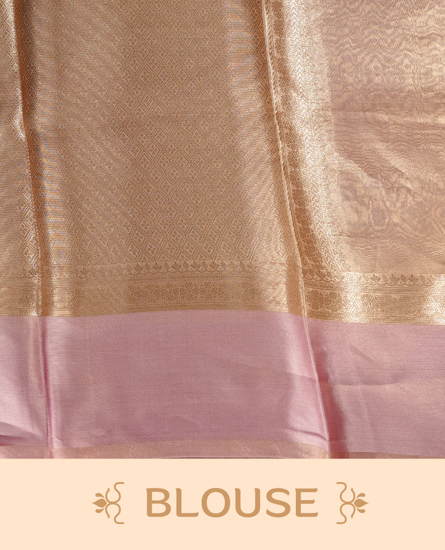 Pink & gold double shade pure banaras tissue silk saree featuring elegant plain body, complemented by contrast pastel pink colour gold zari border, paired with matching blouse piece.
