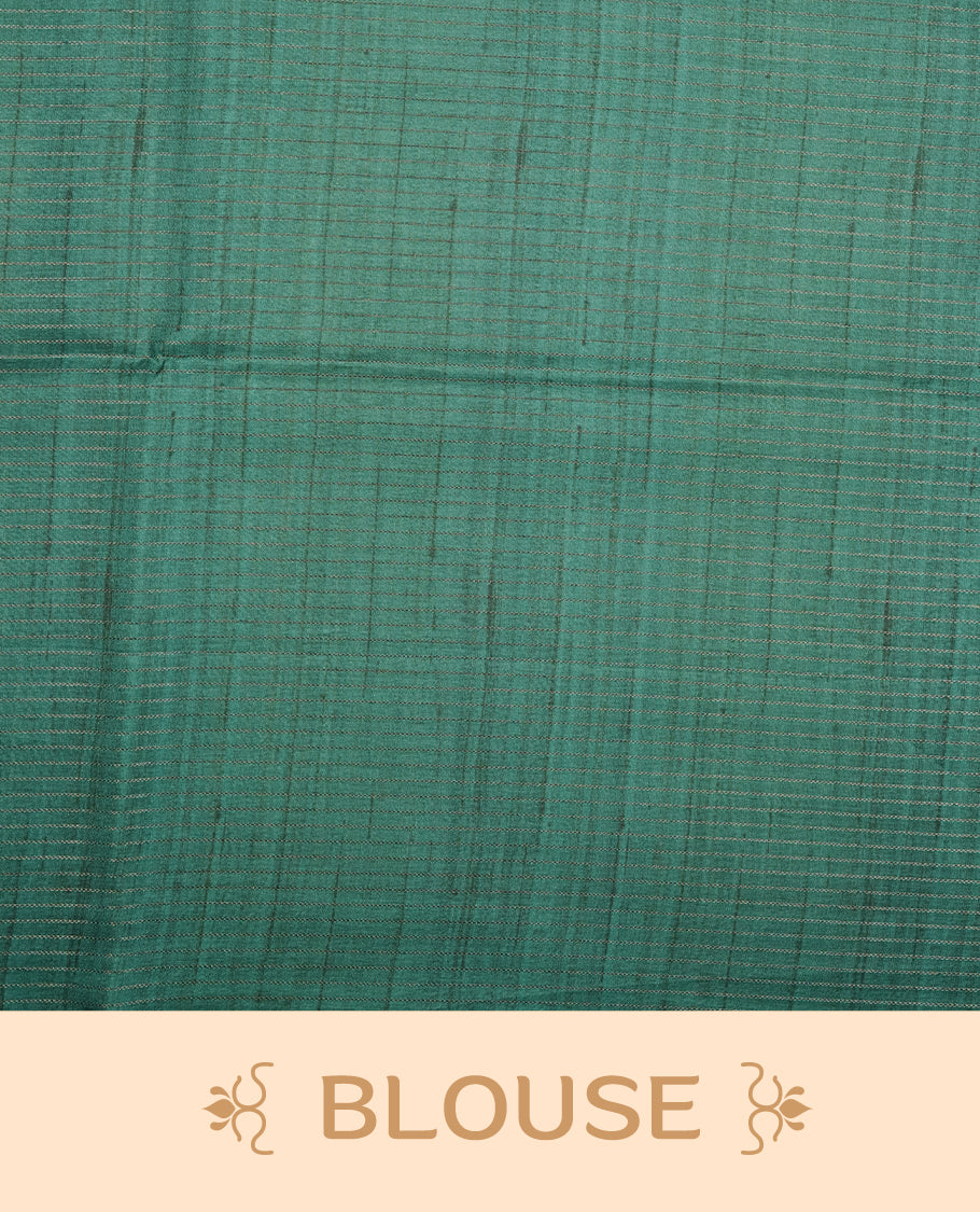 Dark green semi tussar silk saree featuring a subtle gold zari check pattern across the body, highlighted with contrast geometric motifs on the pallu, paired with a matching blouse.