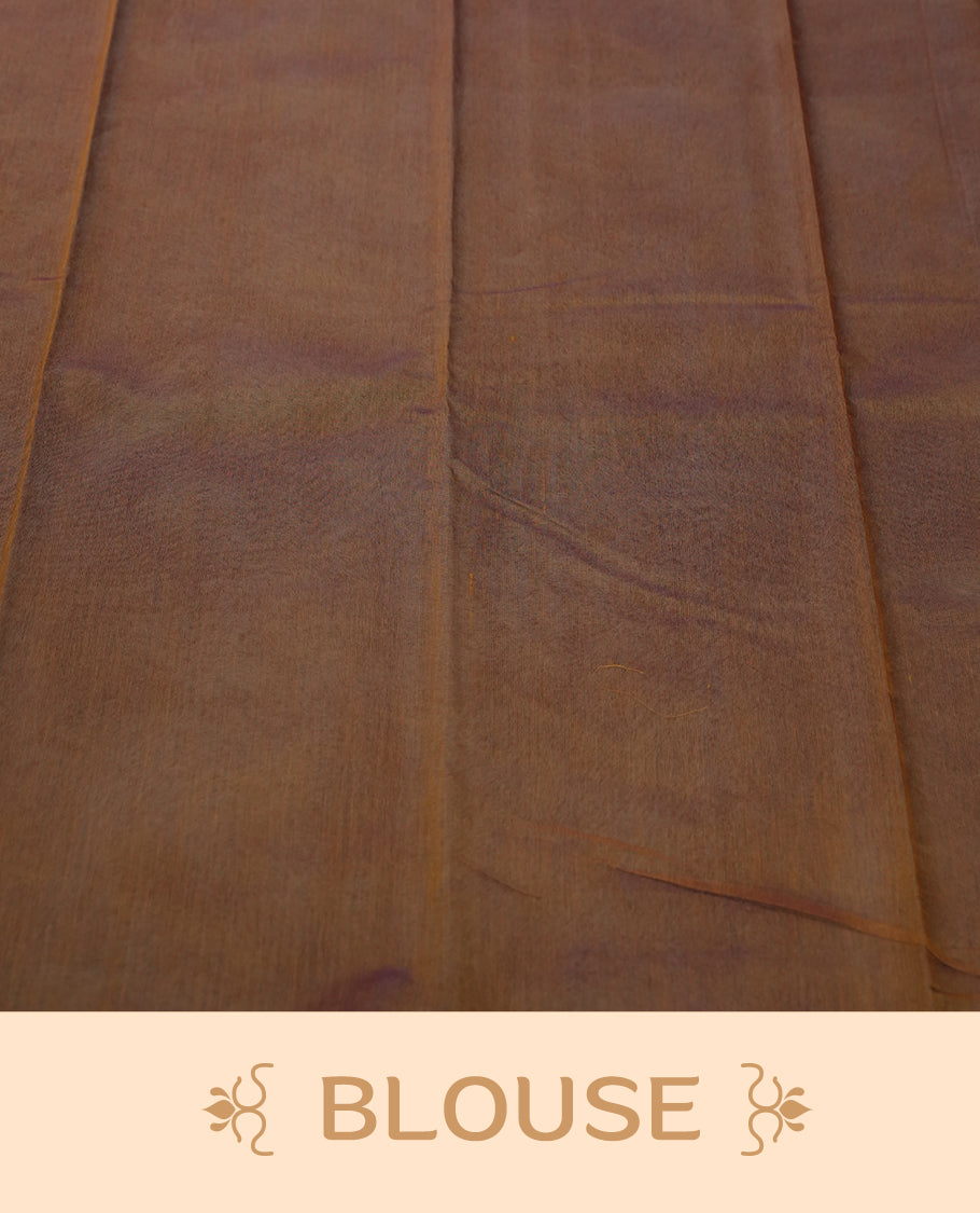 Plum purple colour silk cotton saree adorned with subtle vertical copper zari lines all over the body, crafted without a border for a minimalist charm & beige colourcontrasted border, Paired with a matching blouse for a refined, elegant look.