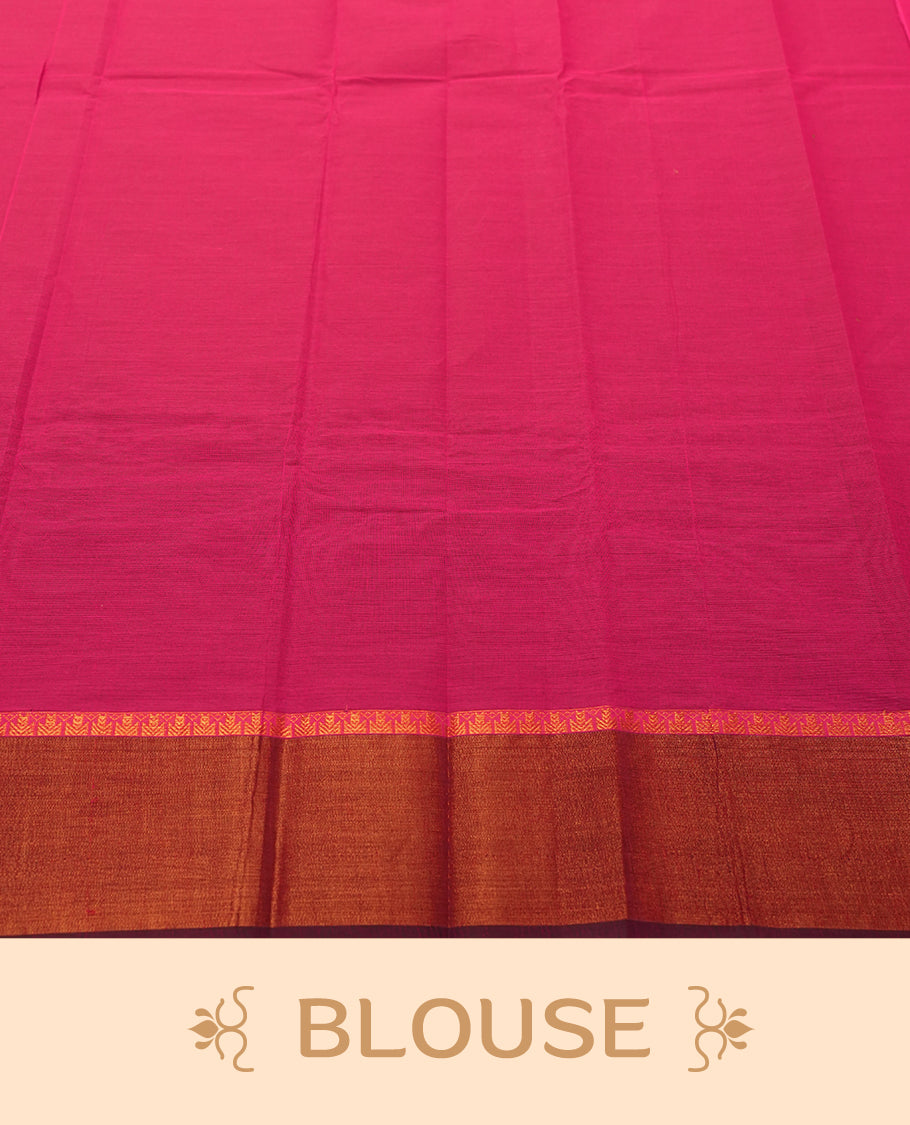 Rani Pink colour Silk Cotton Saree with Antique Copper Zari Border and Micro Geometric Edge, Body adorned with Subtle Leaf Buttas, Floral Jacquard Pallu, and a Coordinated Rani Pink Blouse with Matching Zari Border