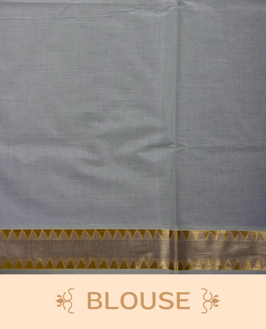 Off white colour cotton Kerala saree featuring a Plain body, a refined light copper zari border, and an intricately woven traditional pallu, paired with a matching blouse.