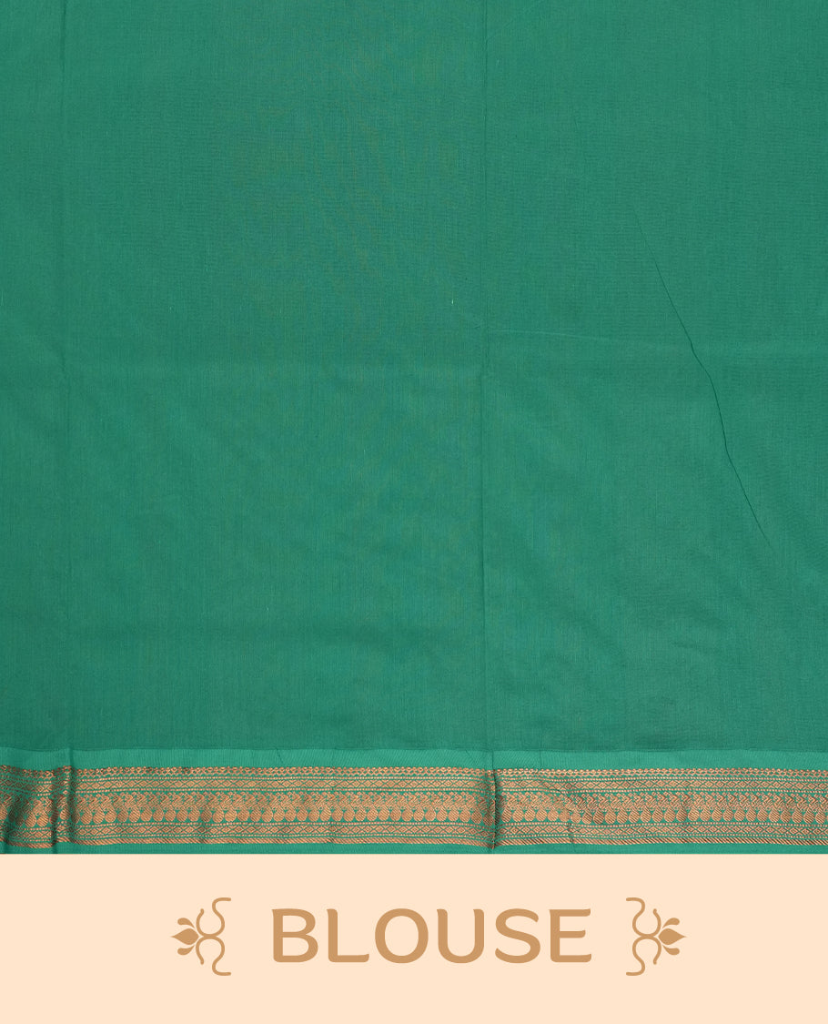 Lemon green colour Kalyani Cotton saree with delicate woven zari motifs all over, paired with a contrasting green border and pallu intricately woven with rich copper zari & Comes with a matching blouse piece.