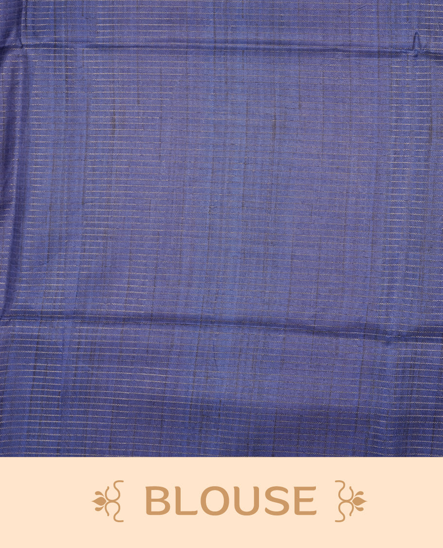 Blue colour semi tussar silk saree with fine striped texture and a subtle geometric body design. Finished with a classic striped pallu and tassel edges.