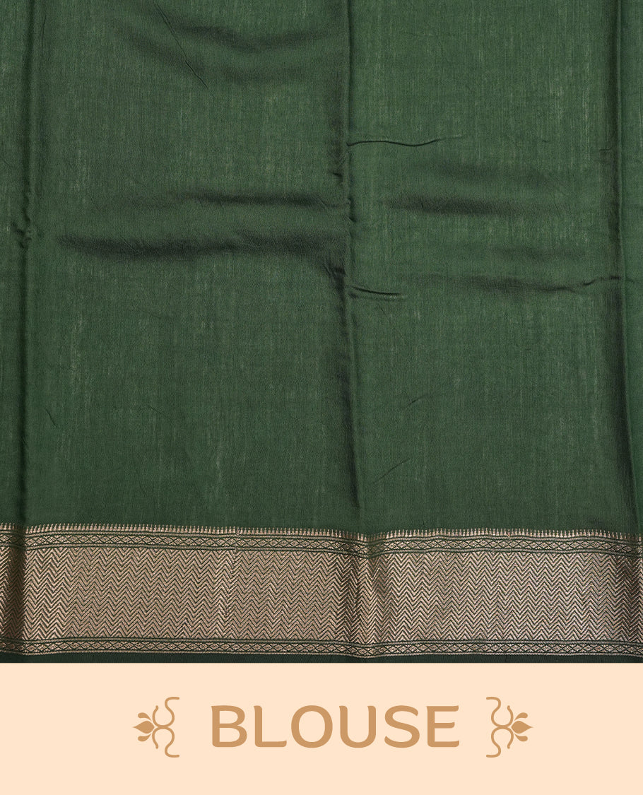 Green colour Viscos semi printed saree featuring a light golden zari border, abstract off white printed motifs on the body, and comes with a matching blouse