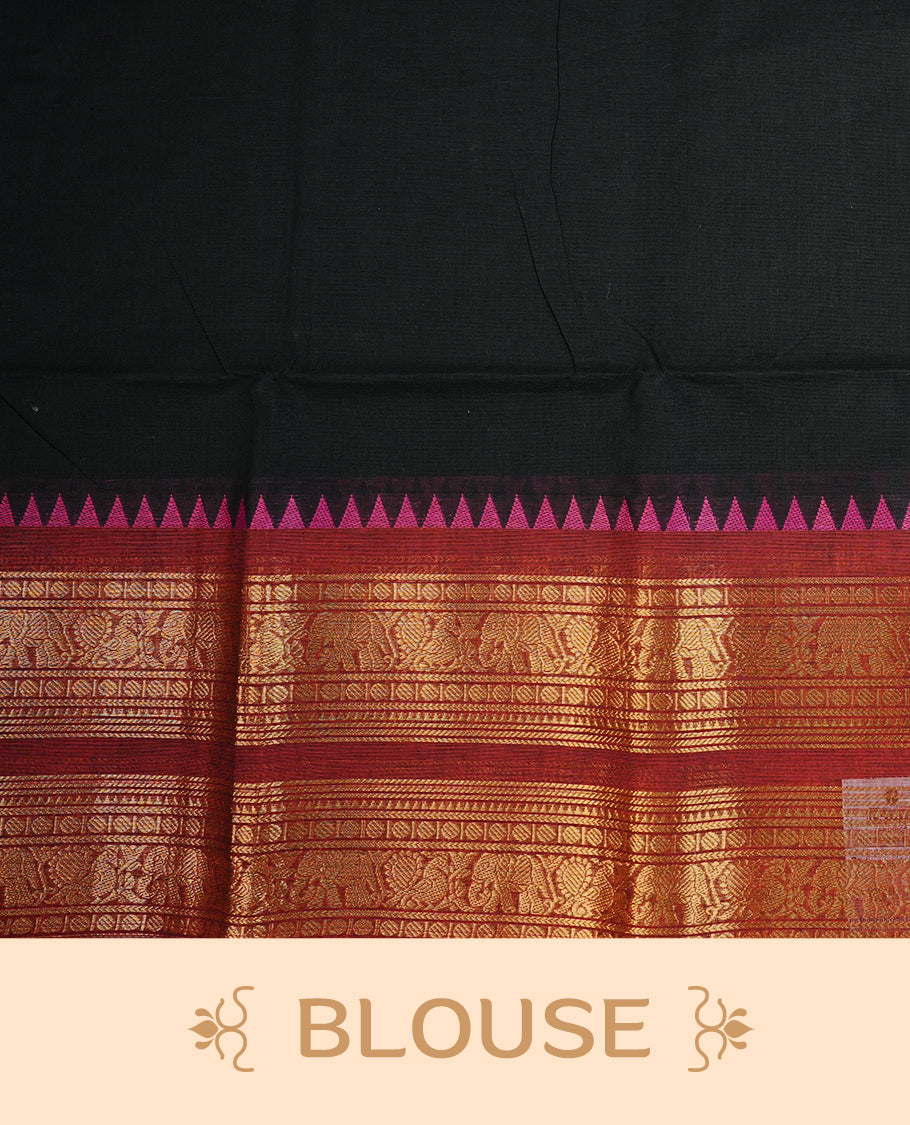 Black colour chettinad cotton saree featuring Plain body, complemented by Red Colour With Gold Zari border, paired with matching blouse piece.