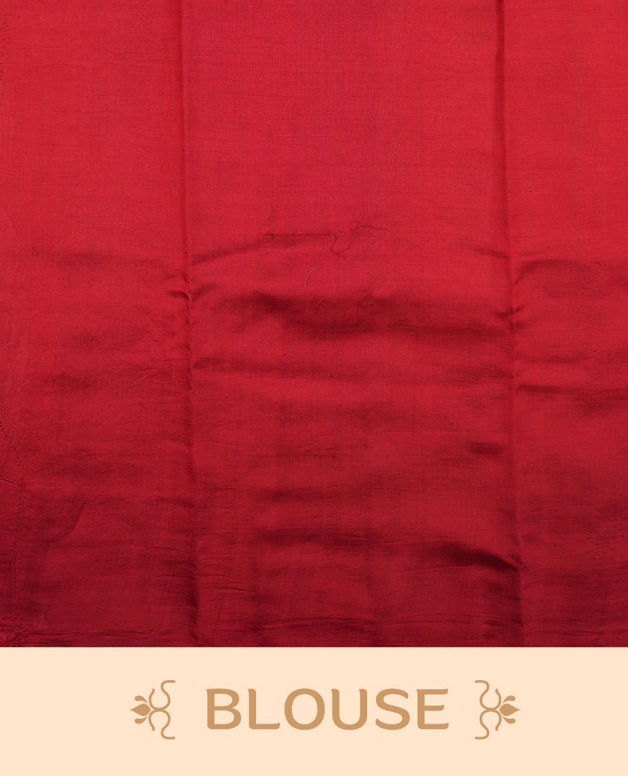 Cream beige Banaras soft silk saree with gold zari oval motifs on body, with contrast Maroon colour floral pattern on pallu, border, and Matching blouse.