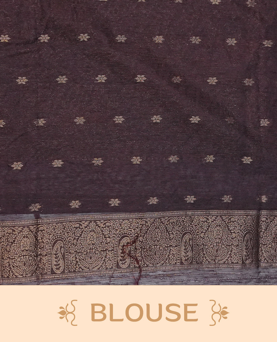Dark Brown colour semi silk saree featuring Gold zari Leaf pattern on body, complemented by contrast colour with Gold zari border, comes with matching blouse piece.