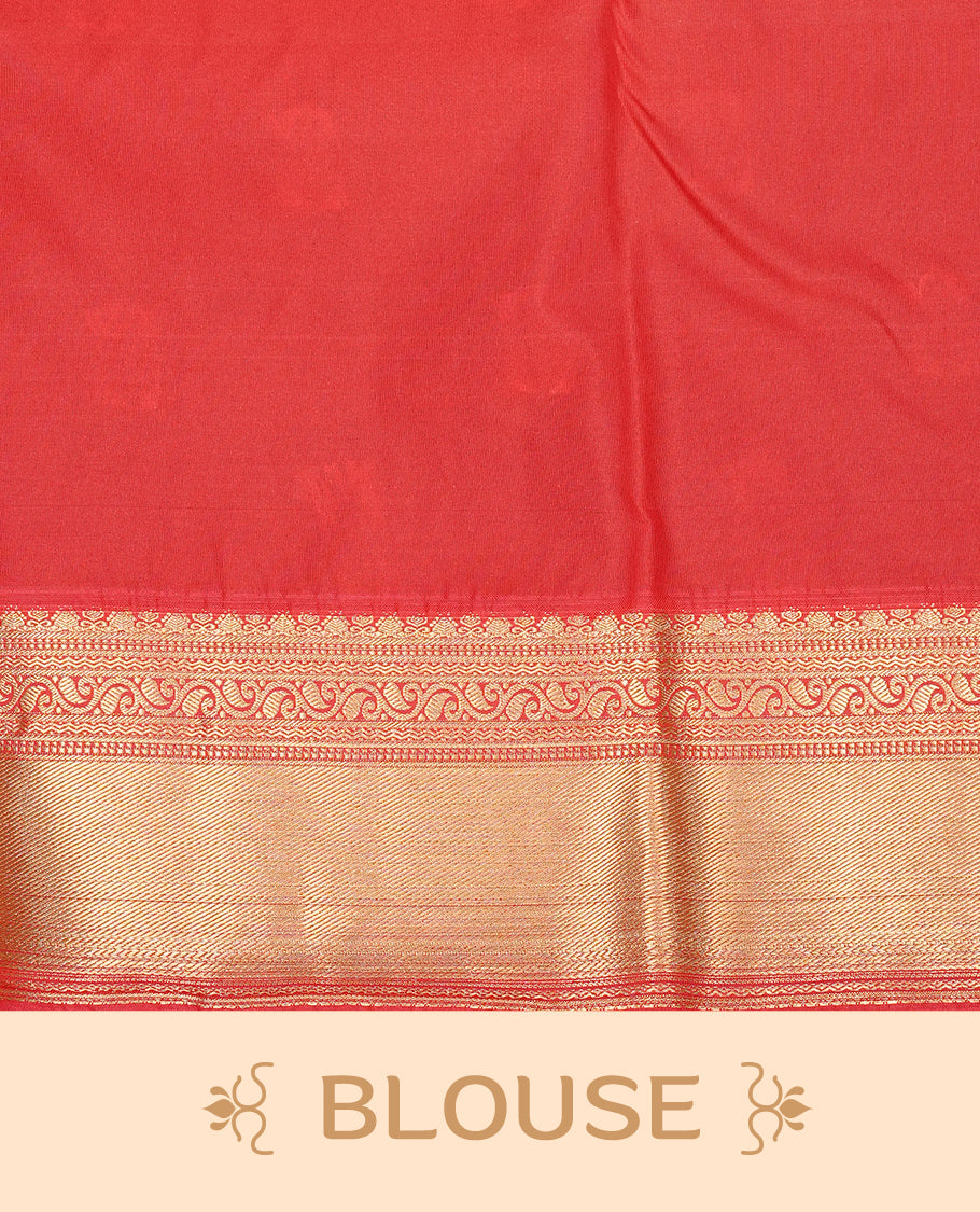 Dark Green colour semi Wedding silk saree featuring Gold zari motifs on body, enhanced with Contrast Red colour with traditional border, paired with matching blouse piece.