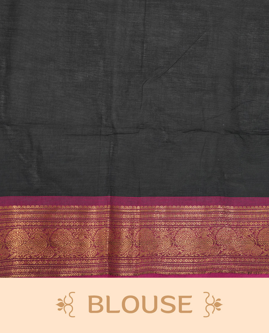 Black colour chettinad cotton saree featuring elegant plain body, complemented by contrast magenta colour with gold zari border, paired with matching blouse piece.