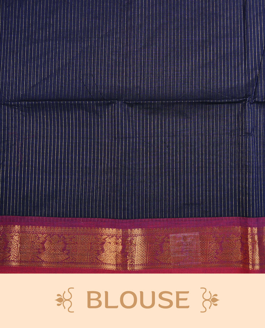 Navy Blue colour chettinad cotton saree featuring Gold Stripes on body, complemented by Contrast Colour With Gold Zari border, paired with matching blouse piece.