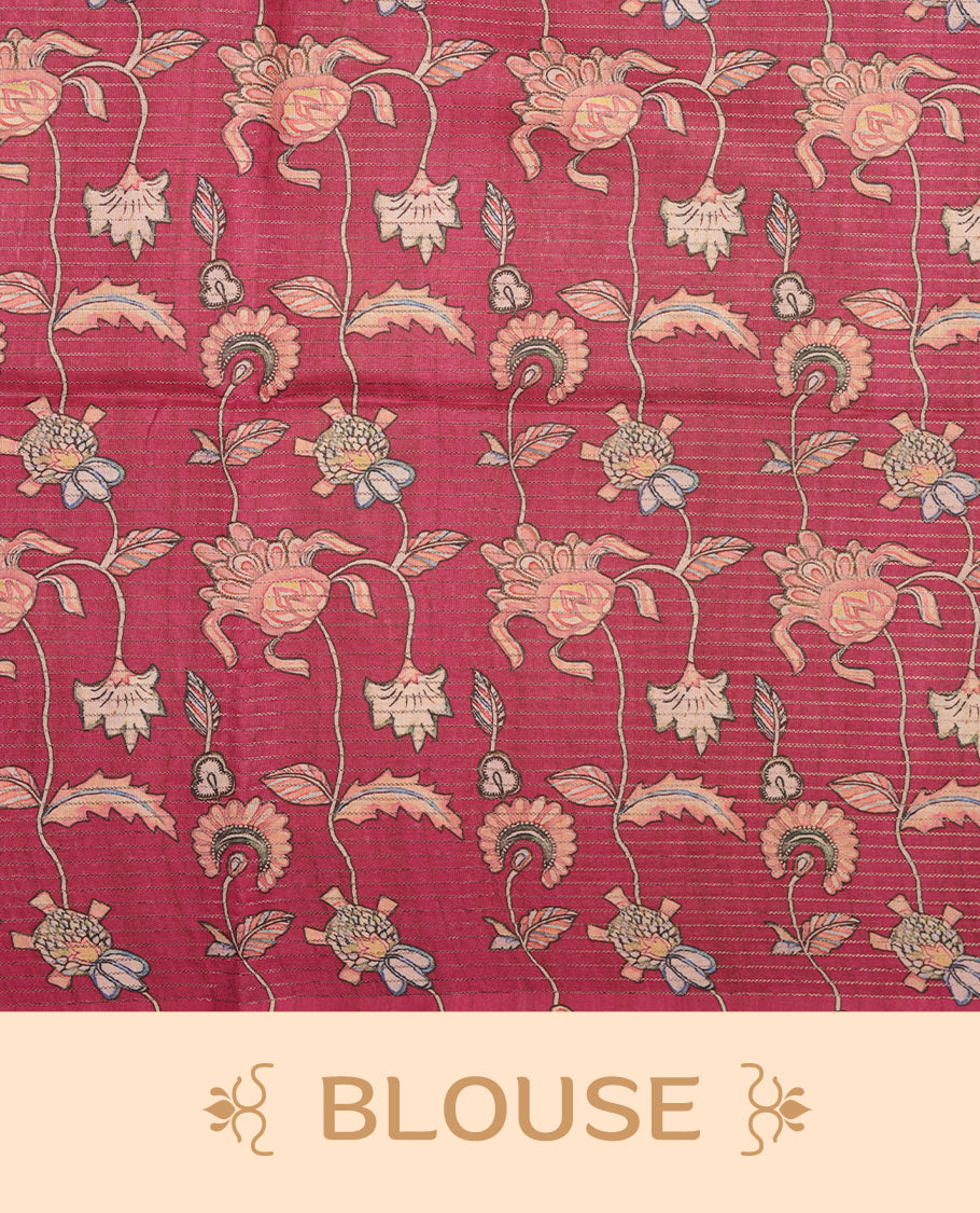 Dark Pink colour semi-tussar silk saree featuring intricate peacock motifs on the pallu, subtle zari check pattern across the body, floral vine prints throughout, finished with tassels and paired with a matching printed blouse piece.