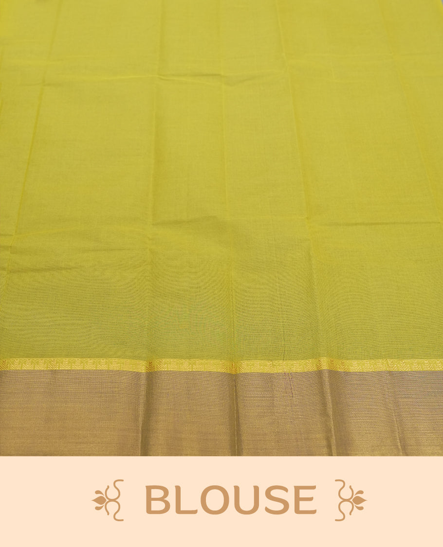 Olive yellow colour silk cotton saree with delicate floral motifs on the body, complemented by a shimmering golden zari border and a graceful pallu & Comes with a matching blouse piece for a perfect traditional look.