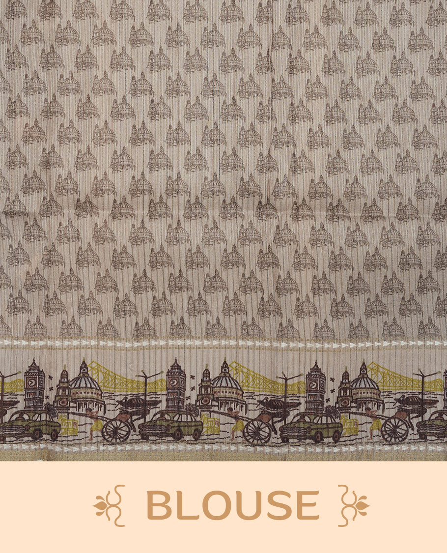 Green colour semi tusser silk saree featuring contrast cream colour London bridge printed pattern border and paired with matching blouse.